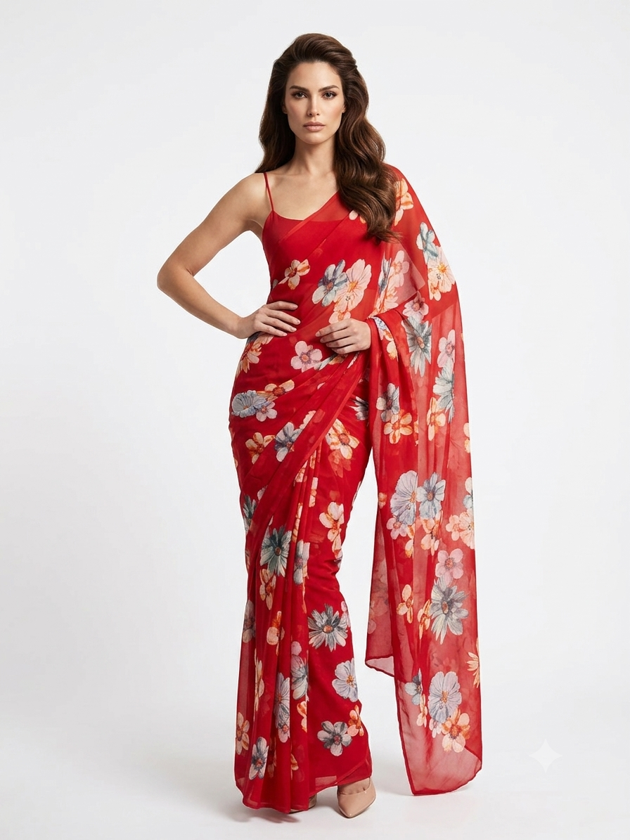 Saiyaara - Red Floral Bemberg Georgette Saree