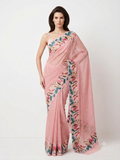 Saiyaara - Pink Bird Motif Bemberg Georgette Saree