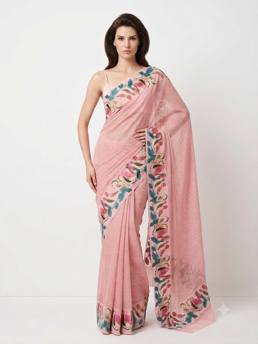 Saiyaara - Pink Bird Motif Bemberg Georgette Saree