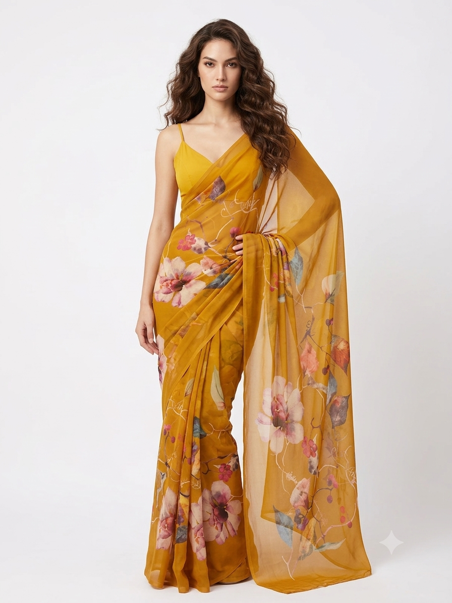 Saiyaara - Golden Vine Floral Bemberg Georgette Saree