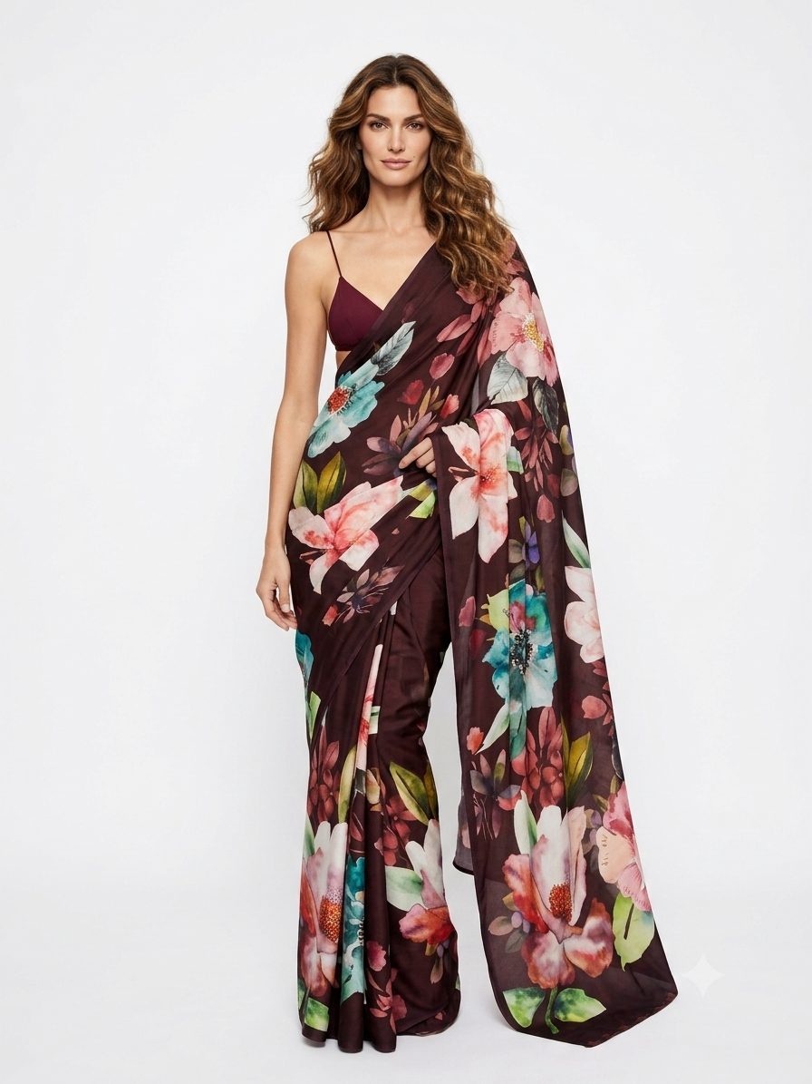 Flamingo - Wine Floral Silk Georgette Saree