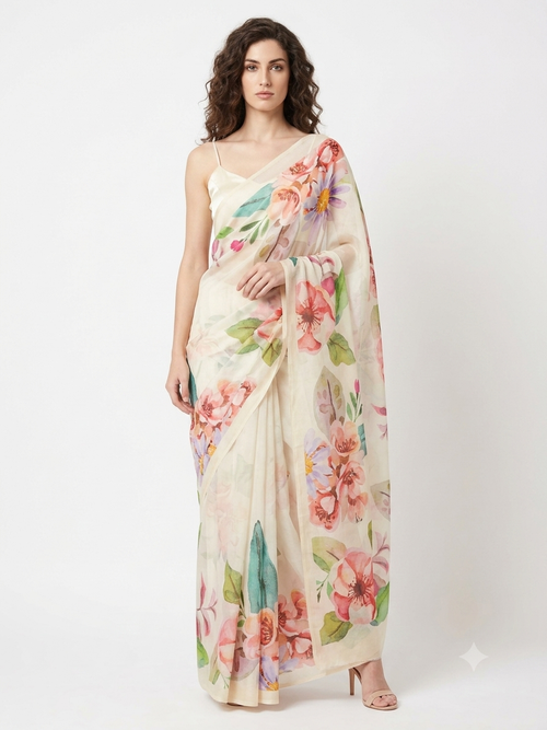 Flamingo - Ivory Watercolor Floral Silk Georgette Saree