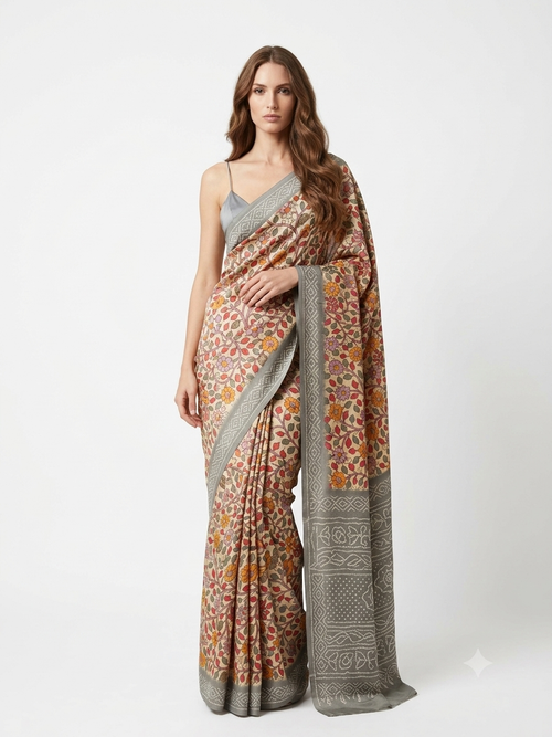 Flamingo - Beige Floral Bandhani-Border Silk Georgette Saree