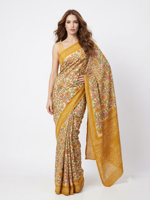 Flamingo - Beige Kalamkari Tree-of-Life Silk Georgette Saree
