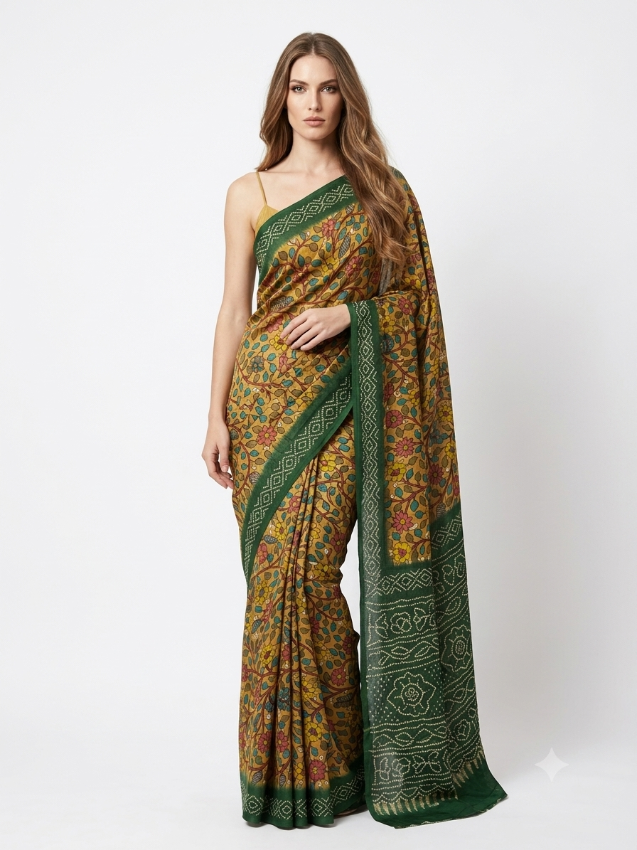 Flamingo - Mustard Kalamkari Silk Georgette Saree