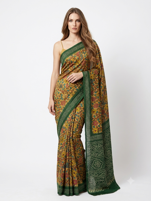 Flamingo - Mustard Kalamkari Silk Georgette Saree